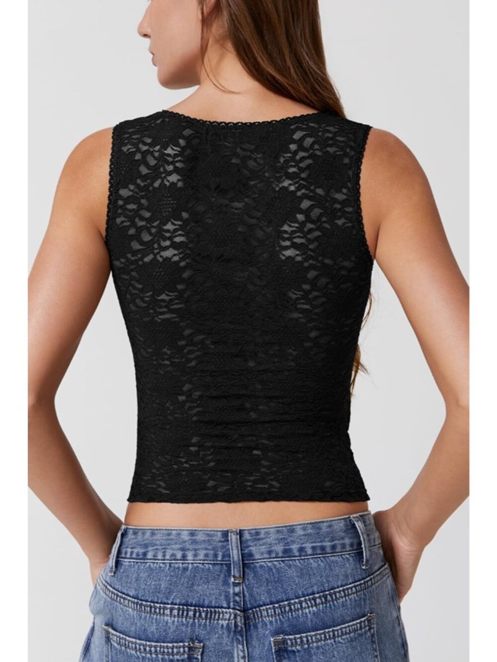 Women's Black Sleeveless Lace Trim Square Neck Double Layer Tank Tops - Picture 4 of 6